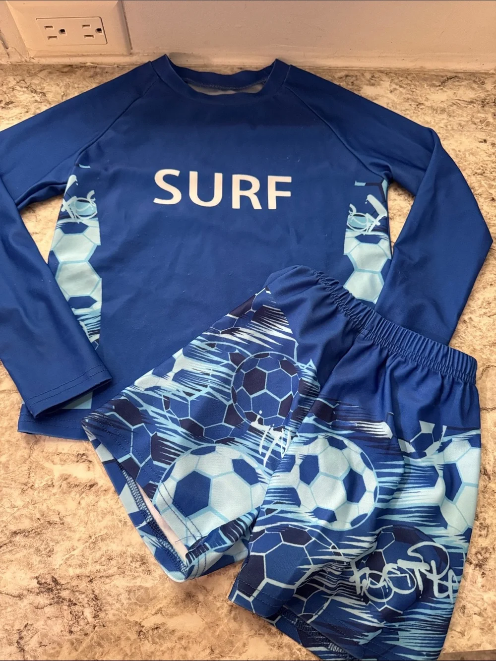 Kids Blue Surf Rash Guard Set - Long Sleeve Swim Top & Shorts